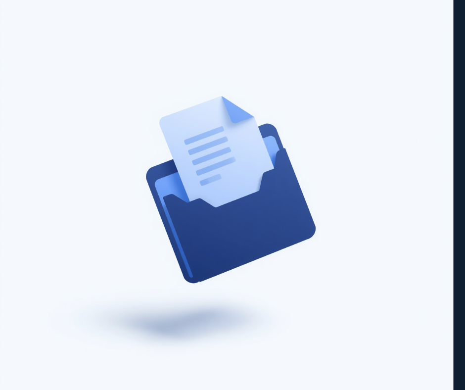 Ilustração 3D de uma pasta azul com um documento a ser entregue, representando o onboarding e a integração de um novo cliente